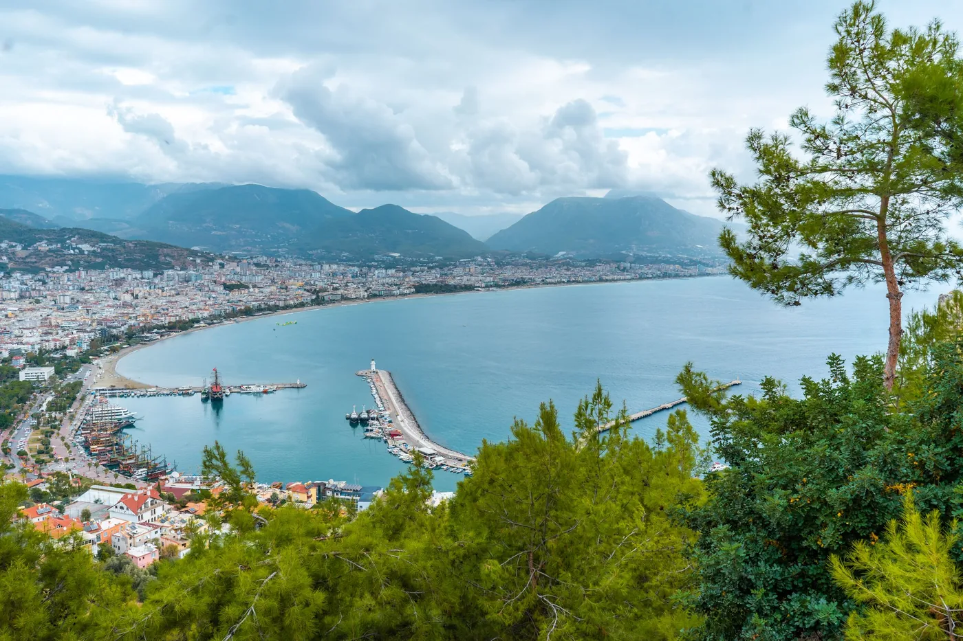 View over Alanya with the harbor, the bay and the Taurus mountains